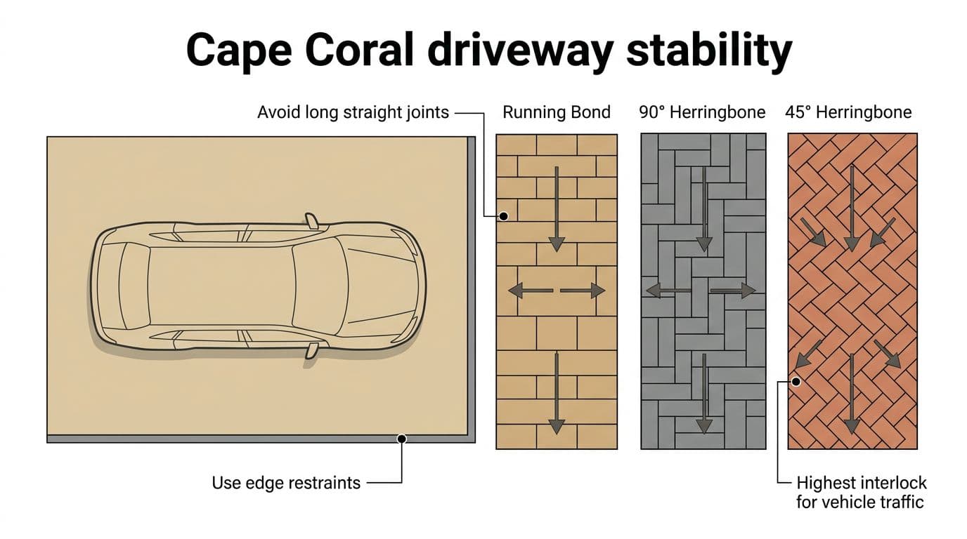 Top-down infographic comparing Running Bond, 90° Herringbone, and 45° Herringbone paver patterns for driveway stability, featuring load distribution arrows, interlock visuals, and key callouts like 'Highest interlock for vehicle traffic'.