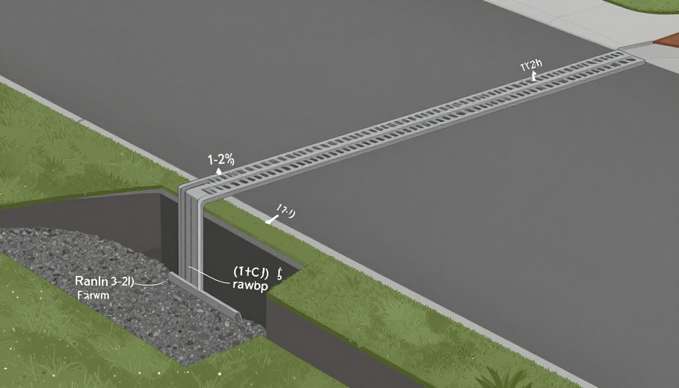 High-resolution vector diagram in landscape view depicting a full-length trench drain across a flat driveway in Cape Coral, connected to a sloped pipe network discharging to a rain garden with gravel base preparation. Includes cross-section details, grated top, clean technical labels, and integrated landscaping like artificial turf edges, filling the entire canvas edge-to-edge.