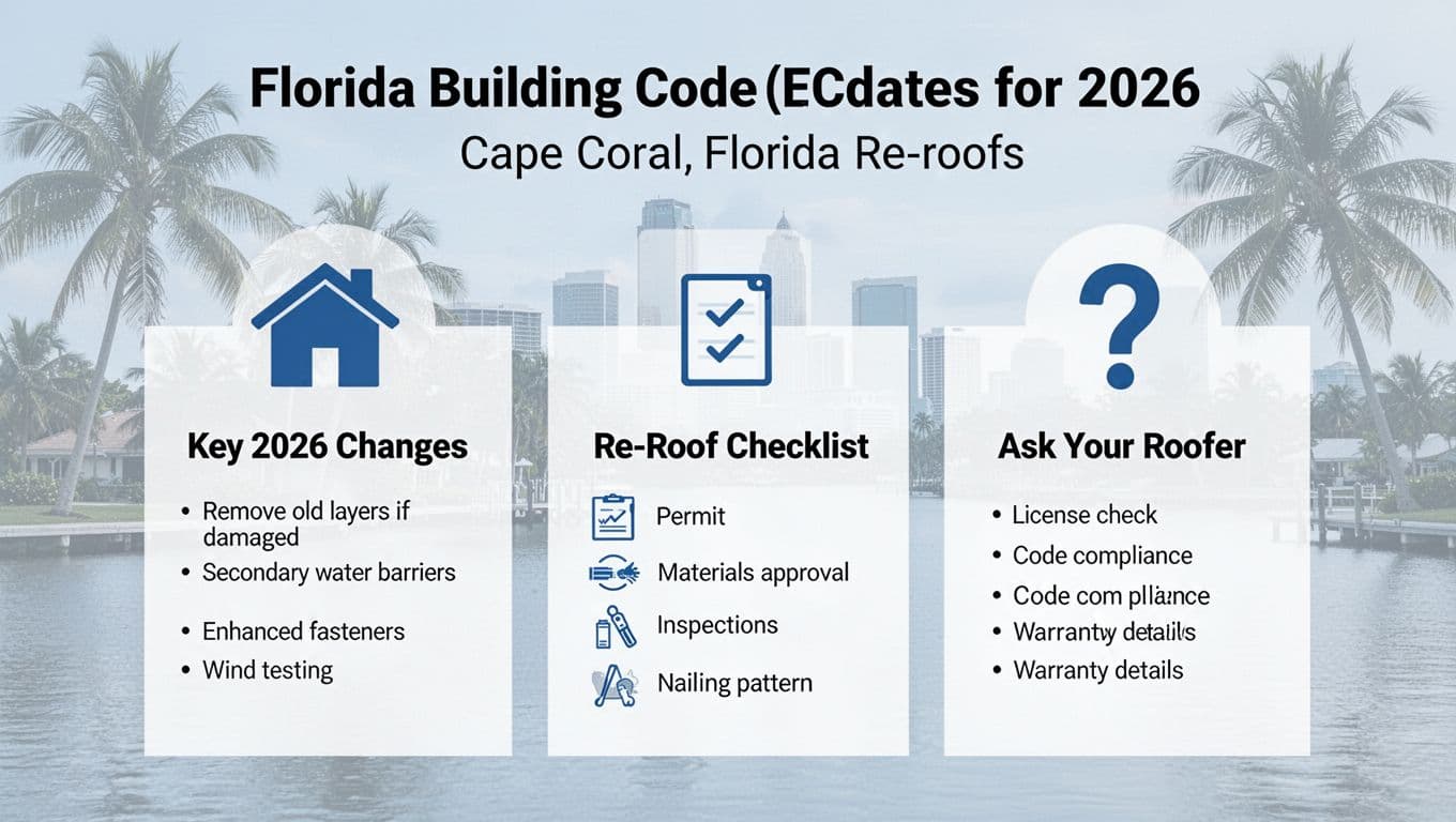 Modern, minimal infographic for homeowners on 2026 Florida Building Code roofing updates for Cape Coral re-roofs, featuring key changes, compliance checklist, and roofer questions with subtle local skyline background.
