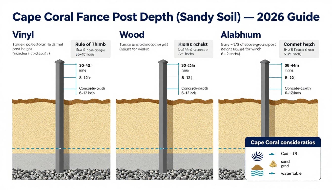 Clean, print-ready educational infographic with side-by-side cross-section panels for vinyl, wood, and aluminum fence posts in sandy soil, showing depths, dimensions, gravel base, optional concrete, high water table, rule of thumb, and Cape Coral considerations like wind, sand, and groundwater.
