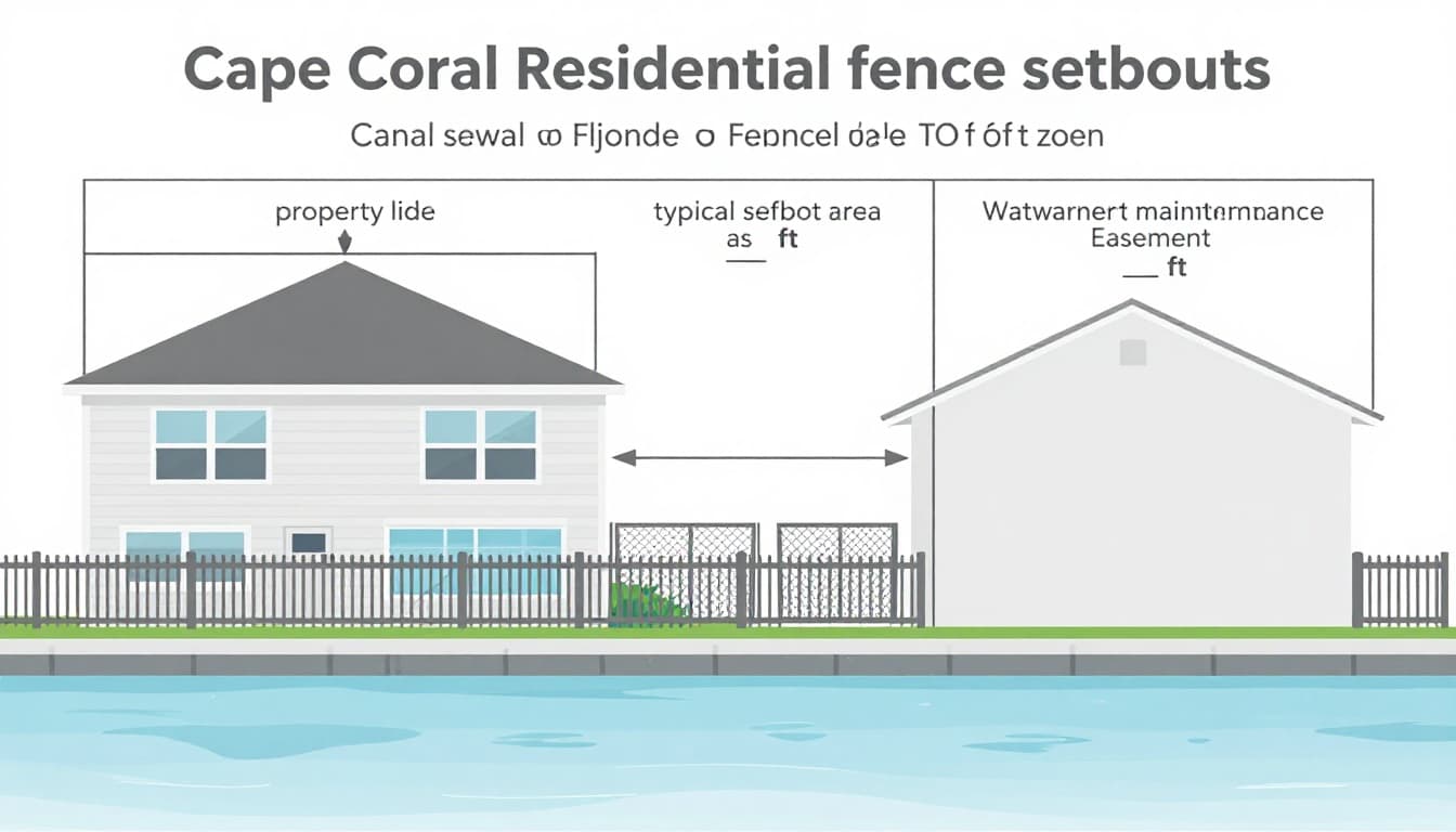 Clean, labeled educational vector infographic showing residential fence setbacks for canal seawall lots in Cape Coral, Florida, with zones for property line, seawall, setbacks, and maintenance easement marked with blank distances and measurement arrows.