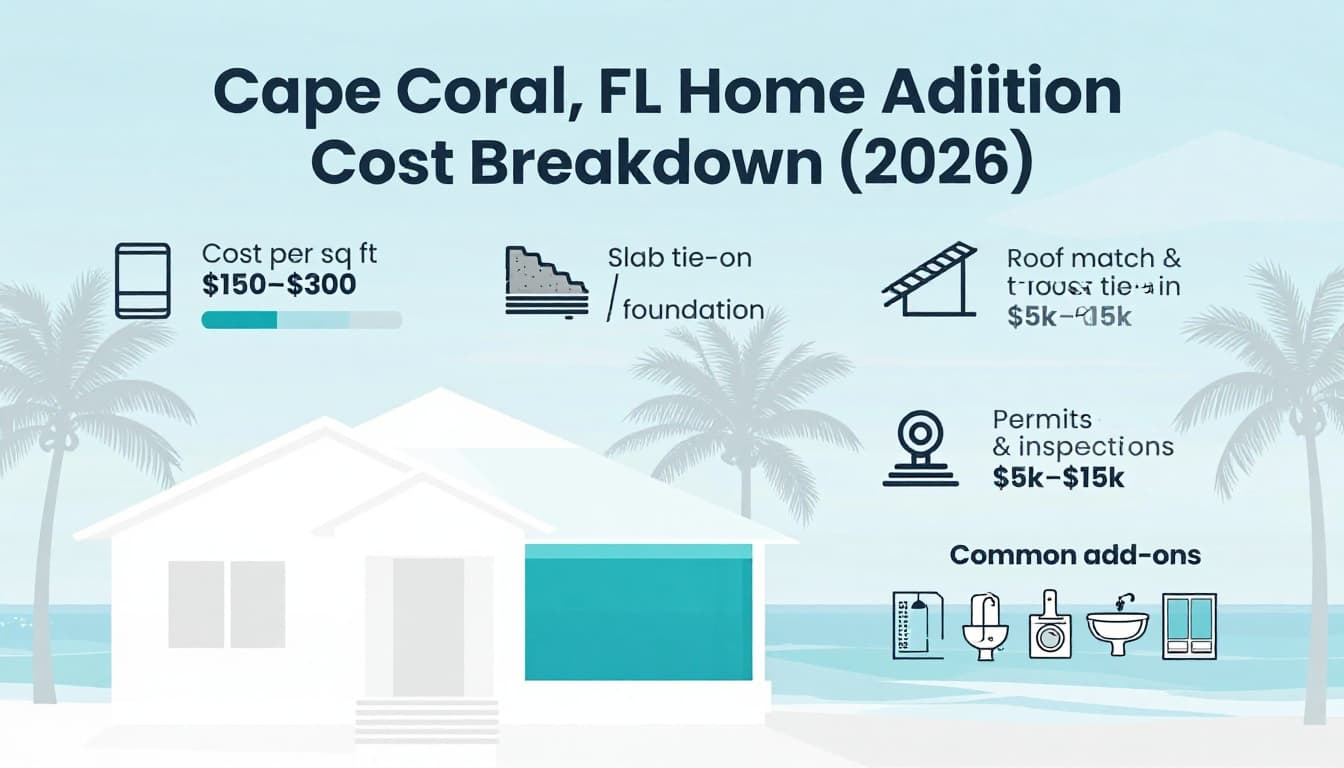Clean professional infographic depicting Cape Coral, FL home addition costs for 2026 with labeled callouts for cost per sq ft, foundation, roof tie-in, permits, and common add-ons in coastal Florida style.