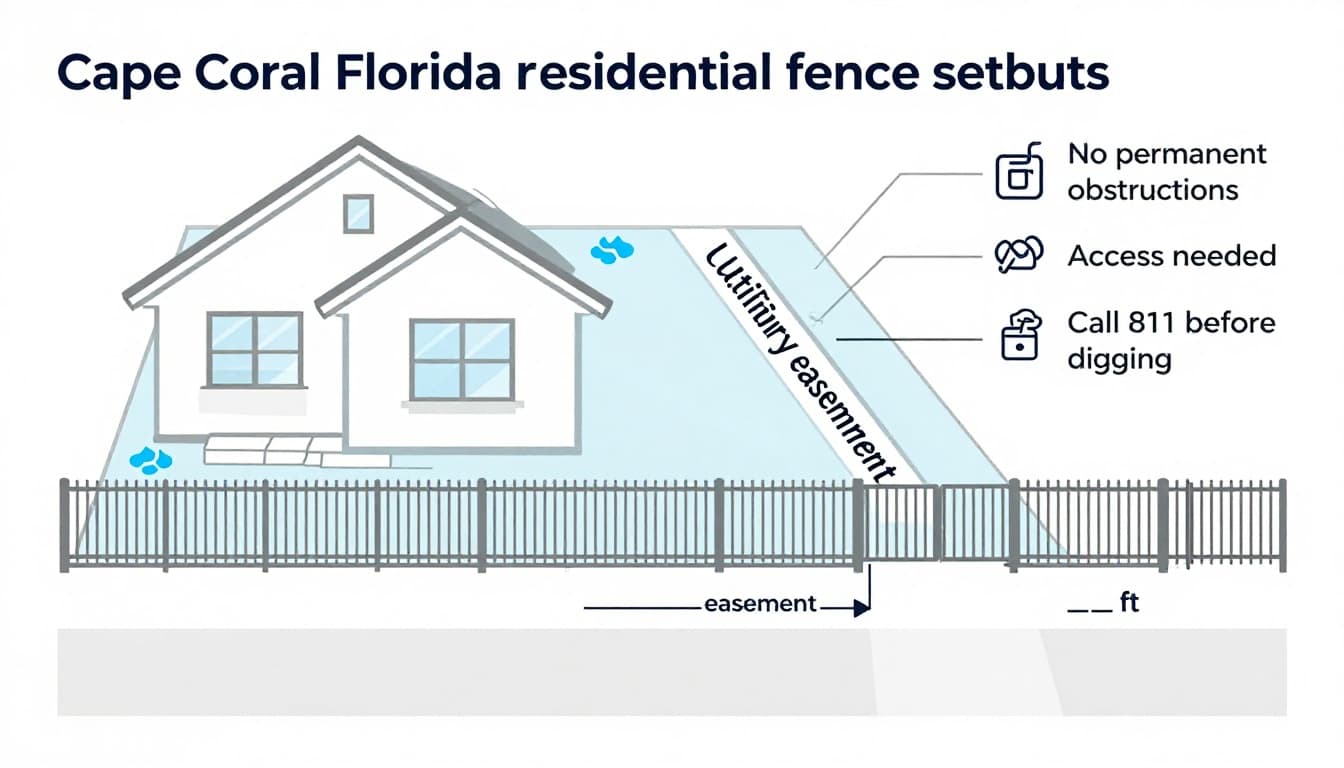 Clean, labeled educational vector infographic explaining residential fence setbacks for utility easements along side yards in Cape Coral, Florida. Includes house footprint, utility icons, proposed fence with gate, key callouts, and blank easement width.