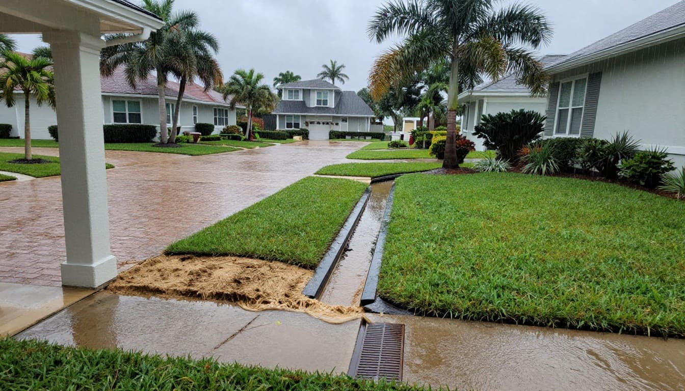 Photorealistic depiction of a Cape Coral, Florida backyard during heavy rain, featuring water pooling near the lanai and driveway, overflowing swale, sandy soil, palm trees, and drainage elements like a catch basin and French drain trench.