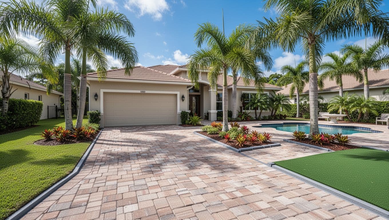 Photorealistic scene of a Cape Coral Florida home featuring a paver driveway with thick 80mm pavers leading to a garage, adjacent walkway and patio with 60mm pavers around a pool deck, surrounded by palm trees and tropical landscaping on a sunny day with blue skies.