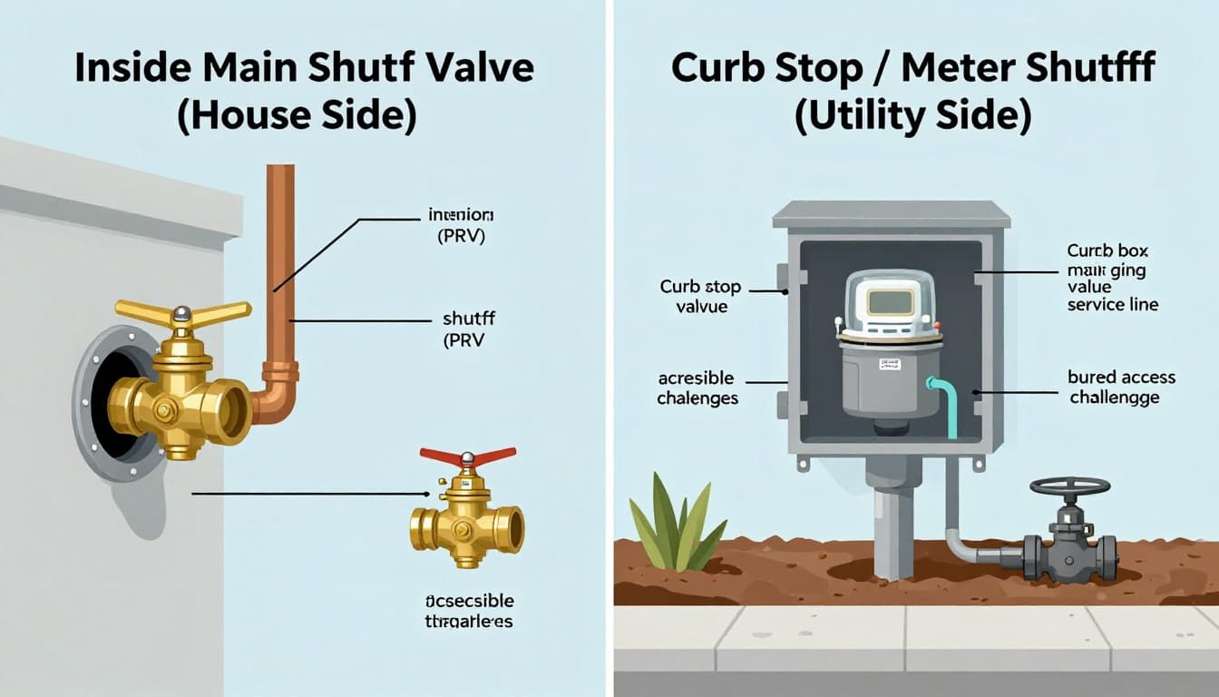 High-resolution vector illustration split into two panels showing the inside main shutoff valve near the garage and the curb stop in the meter box for a typical single-family home in Cape Coral, Florida.