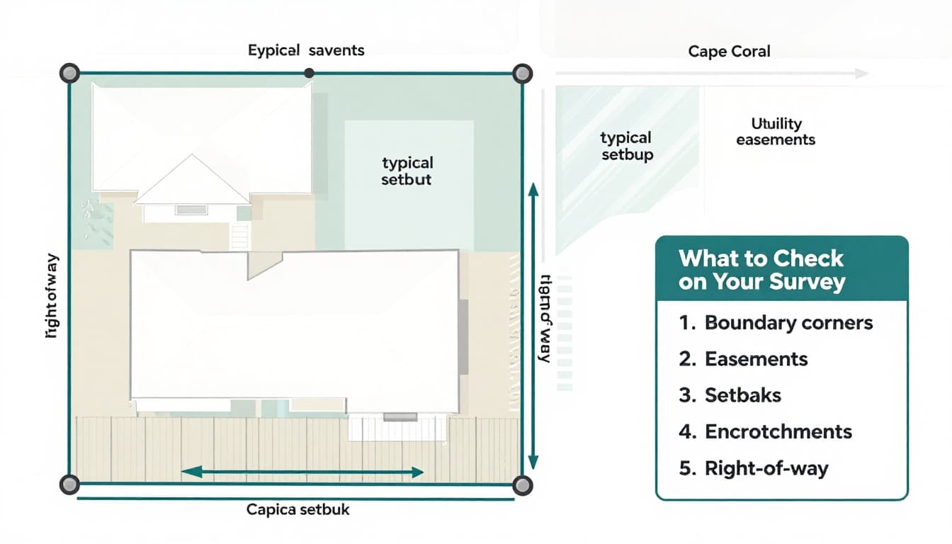Educational top-down vector diagram of a typical residential lot in Cape Coral, Florida, featuring property boundaries with bearings and distances, corner monuments, setback zones, utility easements, drainage swale, right-of-way, proposed fence line, and a checklist callout for key survey elements.