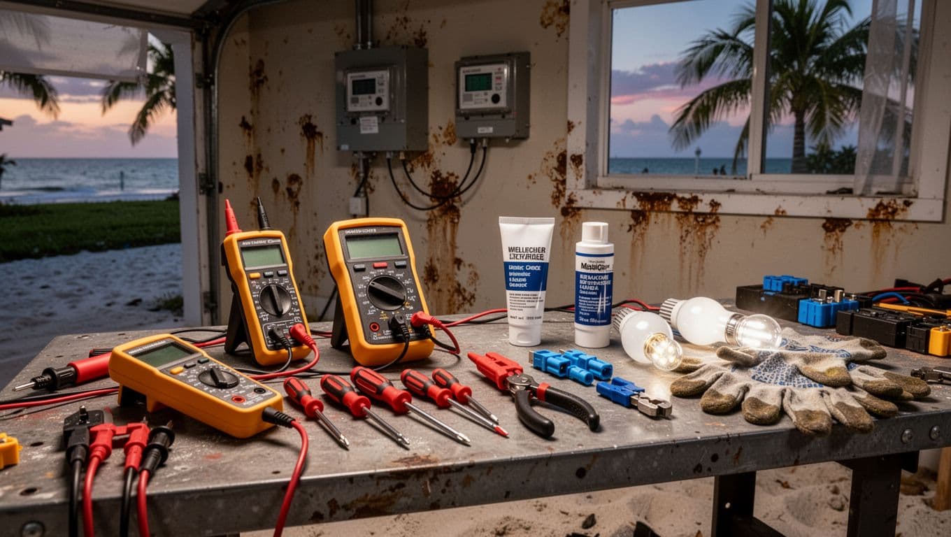 Realistic high-resolution photo of tools for outdoor lighting maintenance on a workbench in a Cape Coral garage at dusk, including voltage tester, multimeter, screwdrivers, wire strippers, grease, connectors, LED bulbs, and gloves, with coastal garage background.