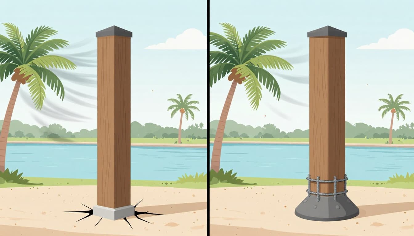 Clean vector illustration comparing weak 4x4 wood fence post with shallow footing to strong 6x6 post with deep bell-shaped reinforced footing in sandy backyard near canal.