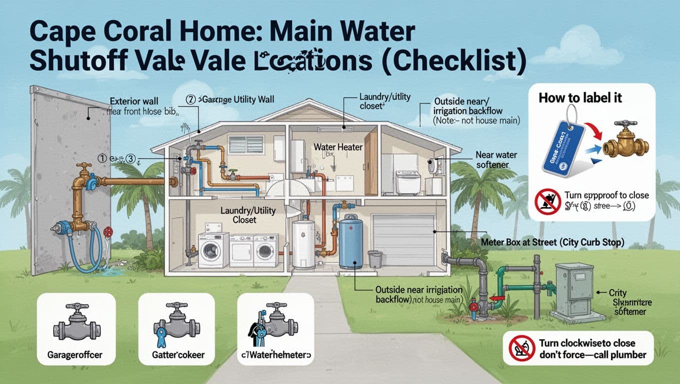 Clean instructional infographic illustrating common main water shutoff valve locations in Cape Coral homes using icons, a stylized floorplan, and clear labels. Features safety tips, labeling instructions, and high-contrast flat-vector design for easy reading.
