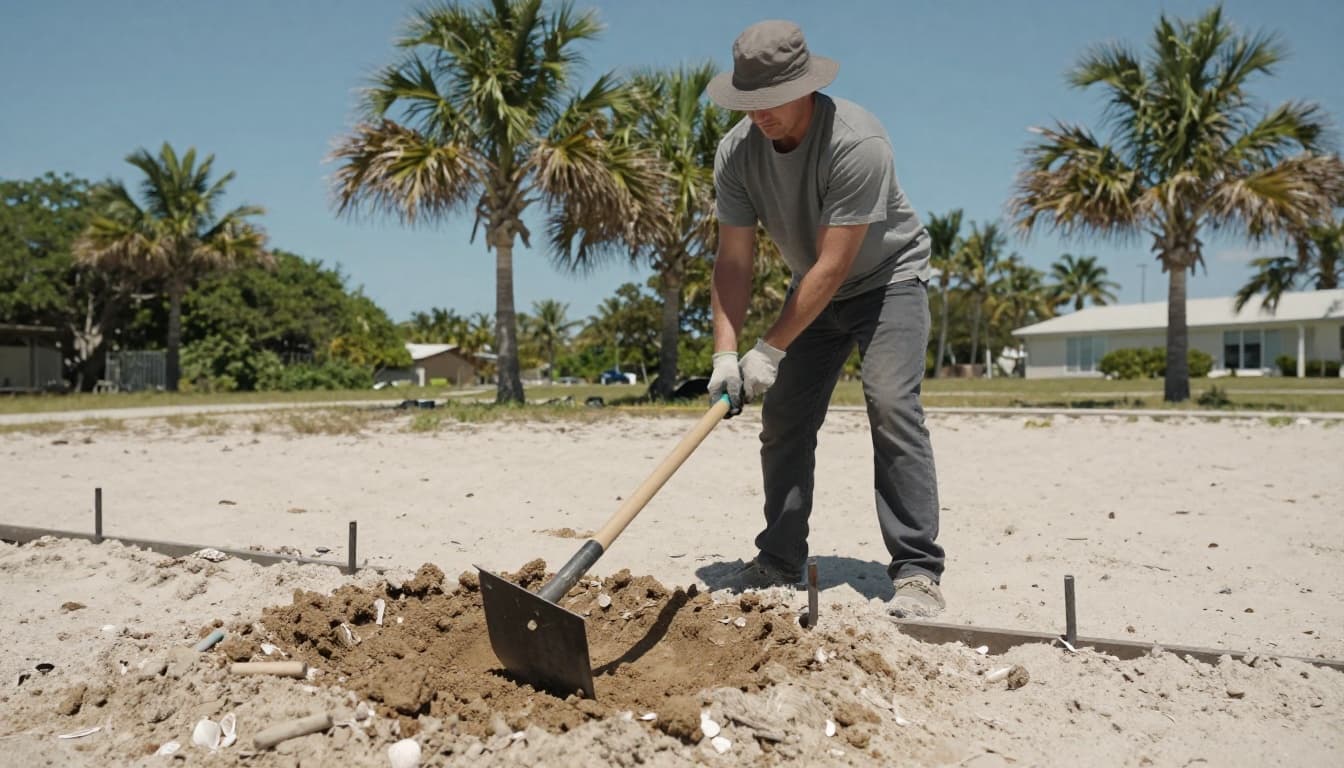 A realistic photo of a homeowner in Cape Coral digging a fence post hole in sandy, beach-like soil using a post hole digger, under a clear Florida sky with palm trees in the background, high detail on soil texture and vibrant colors.