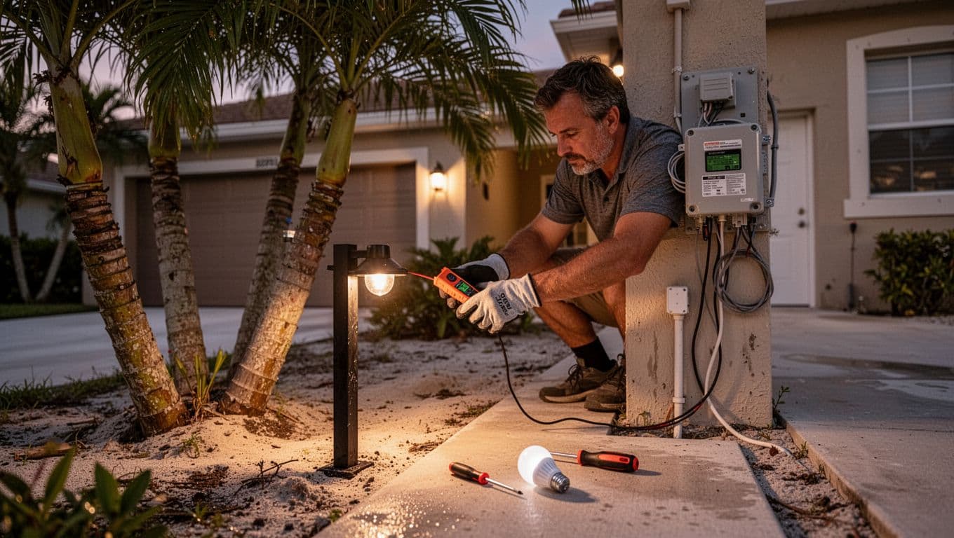 A gloved homeowner uses a non-contact voltage tester on a dim pathway light fixture in a suburban Cape Coral, Florida home at dusk, near palm trees and a concrete driveway. The background shows a garage with low-voltage transformer, sandy soil, humidity sheen, and salt-air corrosion on metal parts.