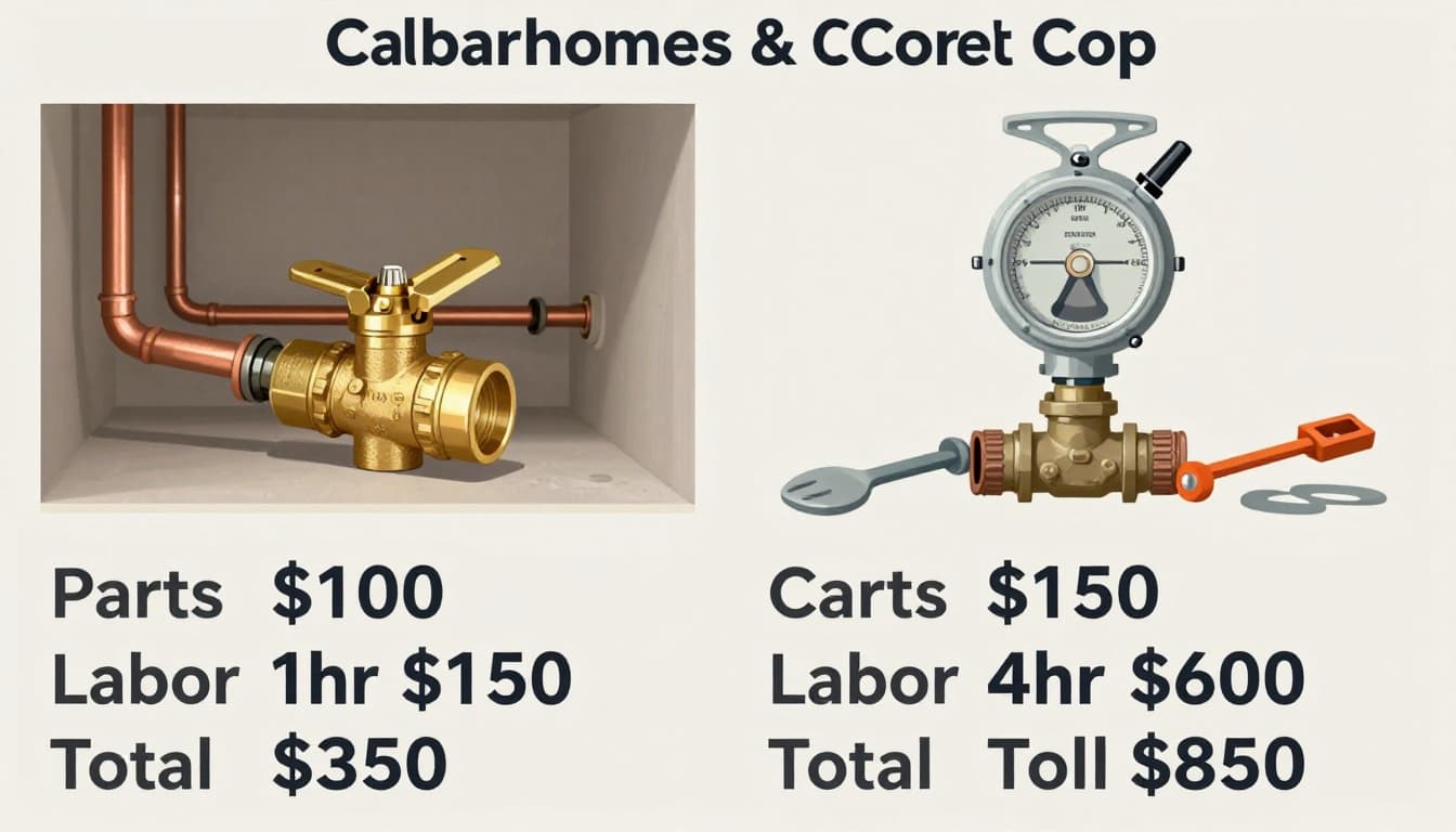Split layout vector illustration comparing costs of inside house valve replacement ($350 total) versus curb stop dig-up ($850 total) in Cape Coral homes, with parts and labor callouts.