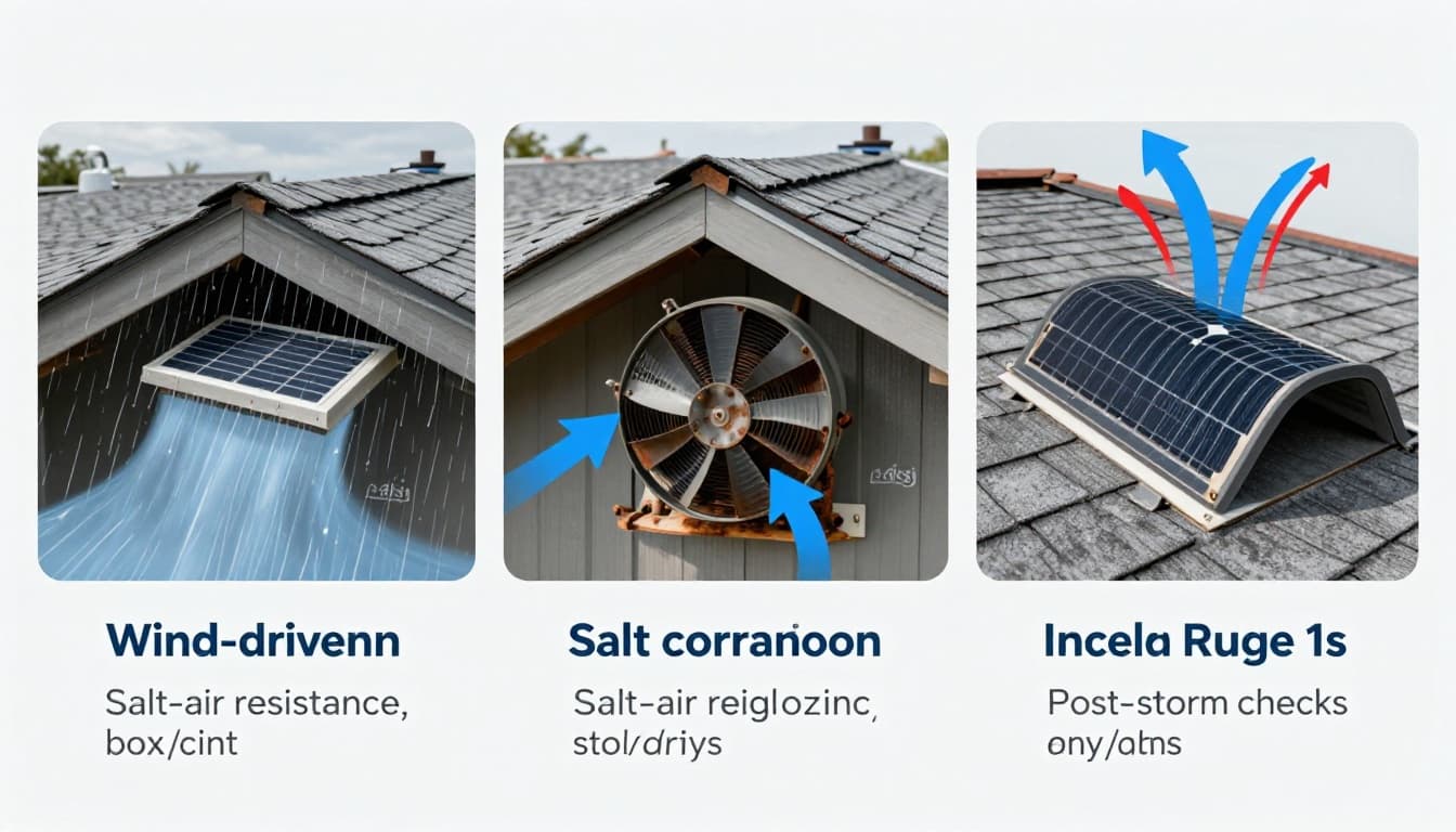 Realistic technical cutaway infographic of a shingle roof in Cape Coral, FL after a hurricane, showing rain intrusion via damaged box vent, salt corrosion on solar fan motor, and intact ridge vent with baffles.