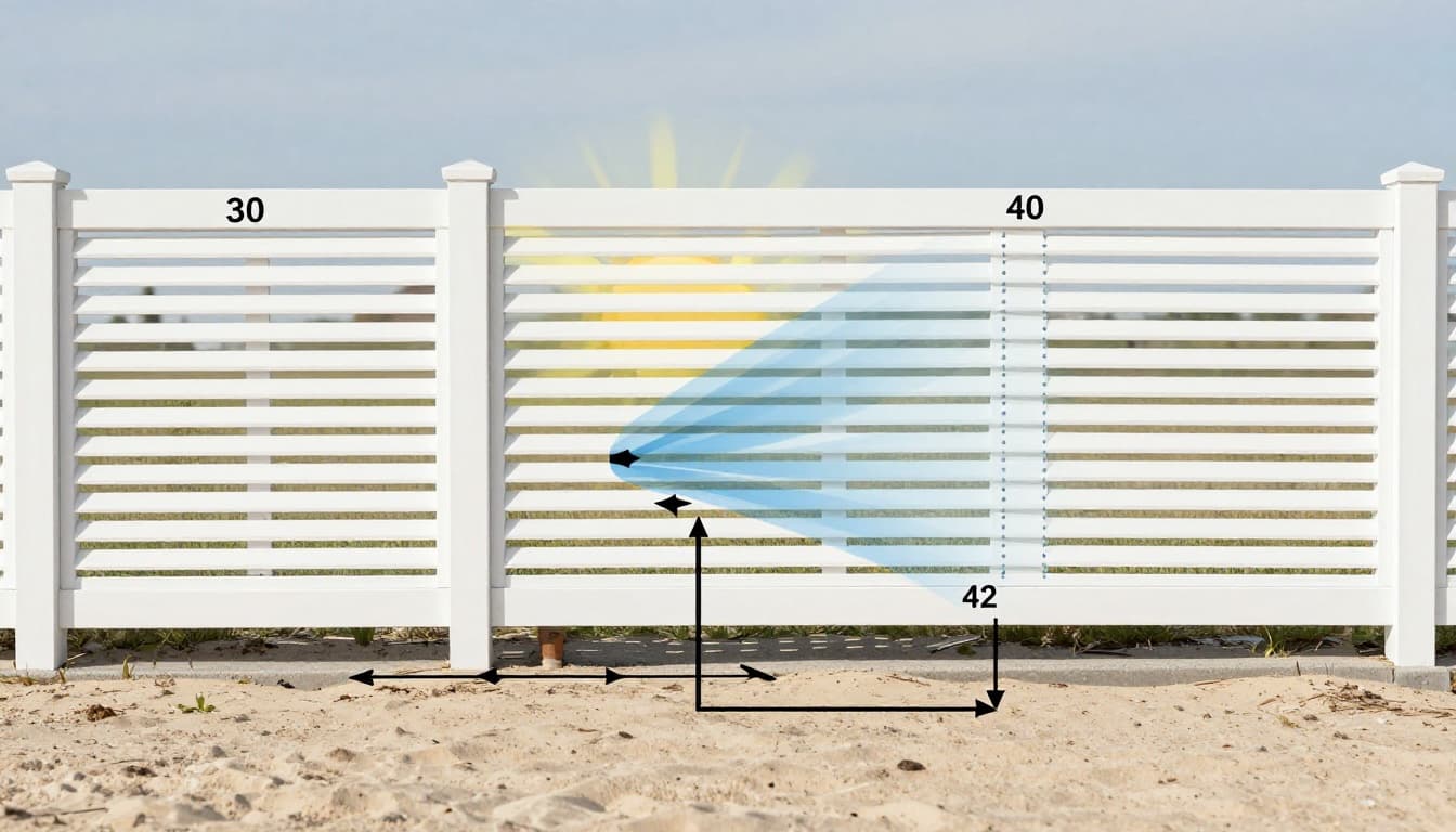 Photorealistic side profile cutaway view of a louvered fence section showing fixed louvers at 30 degrees versus adjustable at 45 and 60 degrees, with wind flow arrows, blocked sun rays creating shade, dotted privacy sightline, and post embedment in sandy soil with 42-inch concrete footing.