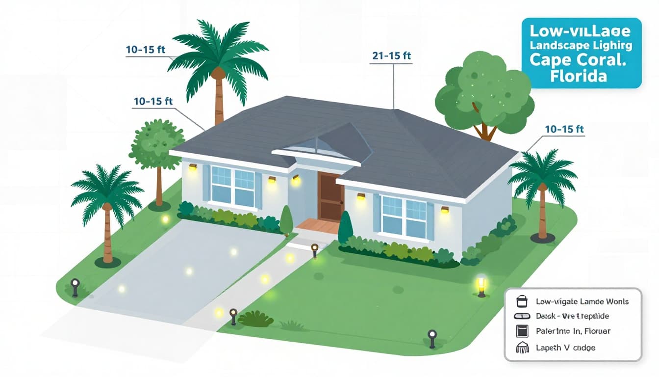 Overhead vector infographic illustrating fixture placements for low-voltage landscape lighting in a typical single-story Florida yard, including path lights, uplights, wall-wash lights, step lights, and spotlight with spacing callouts and legend.