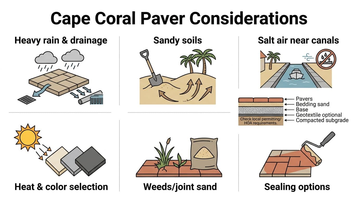 Modern construction infographic highlighting key paver considerations for Cape Coral, including heavy rain drainage, sandy soils, salt air, heat and color selection, weeds and joint sand, sealing options, with a cross-section installation diagram noting local permitting and HOA requirements.