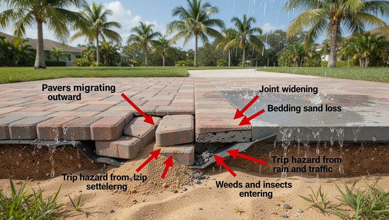 3D cutaway diagram illustrating paver patio or driveway edge failure in Cape Coral, Florida, showing outward paver migration, widening joints, bedding sand loss, edge settlement, and trip hazards due to traffic and rain.