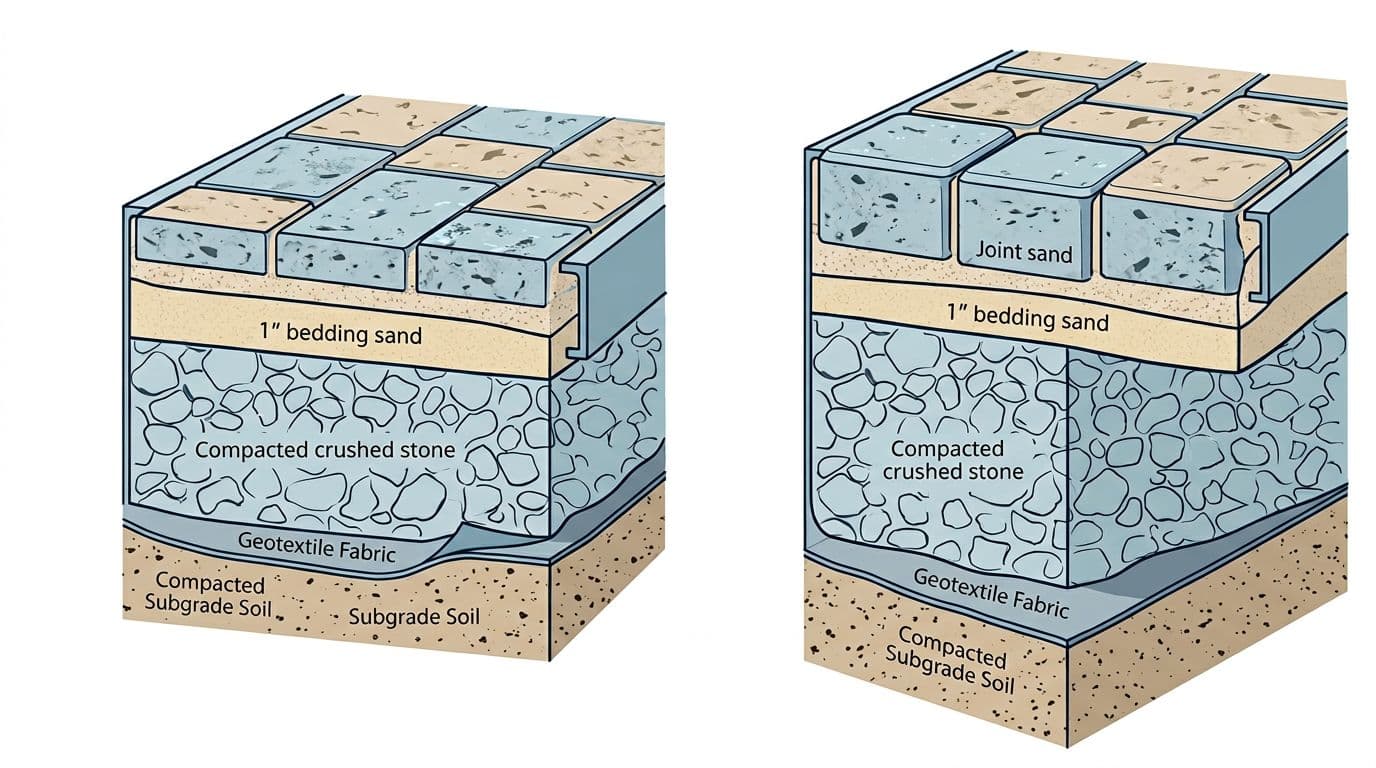 Side-by-side cross-section illustrations of recommended paver thicknesses and base structures for patios (2.4 inches pavers, 4-6 inches base) versus driveways (3.2 inches pavers, 6-8 inches base) in Cape Coral, Florida, featuring drainage slope, edge restraints, and layers like sand, geotextile, and subgrade.