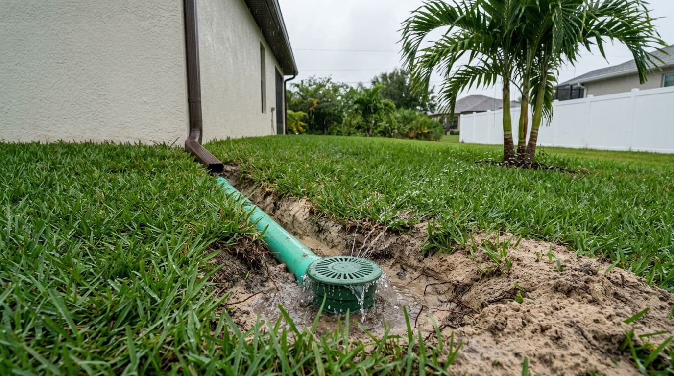 Realistic photo of pop-up emitter downspout fix in grassy side yard, Cape Coral FL: underground pipe to emitter in St. Augustine grass lawn away from foundation, sandy soil, subtle rain spray, palm nearby.