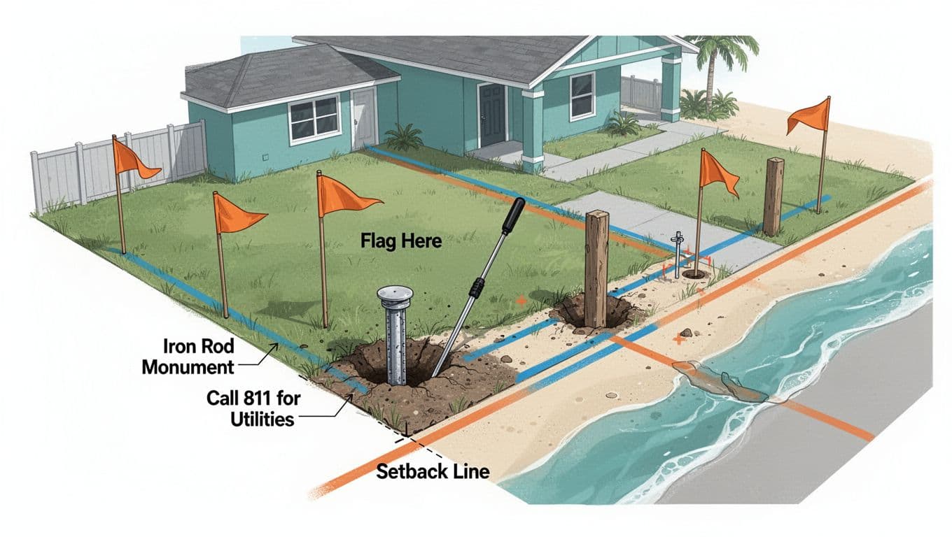 Educational flat vector diagram showing a top-down view of a Cape Coral residential lot corner, illustrating how to locate buried iron rod monuments with a probe tool, place orange survey flags, mark utility lines, and note setbacks for fence installation.