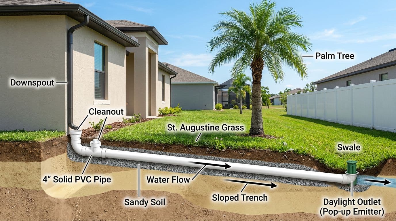 Realistic educational illustration of a buried 4-inch PVC pipe downspout drainage system in a Cape Coral side yard, sloped through sandy soil to daylight in swale, with cleanout tee, water flow arrow, St. Augustine grass, and palm tree.