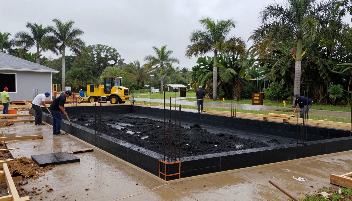 Photorealistic scene of a Southwest Florida home construction site in Cape Coral during rainy season, with workers pouring stem-wall foundation amid wet ground, puddles, overcast sky, palm trees, and equipment.