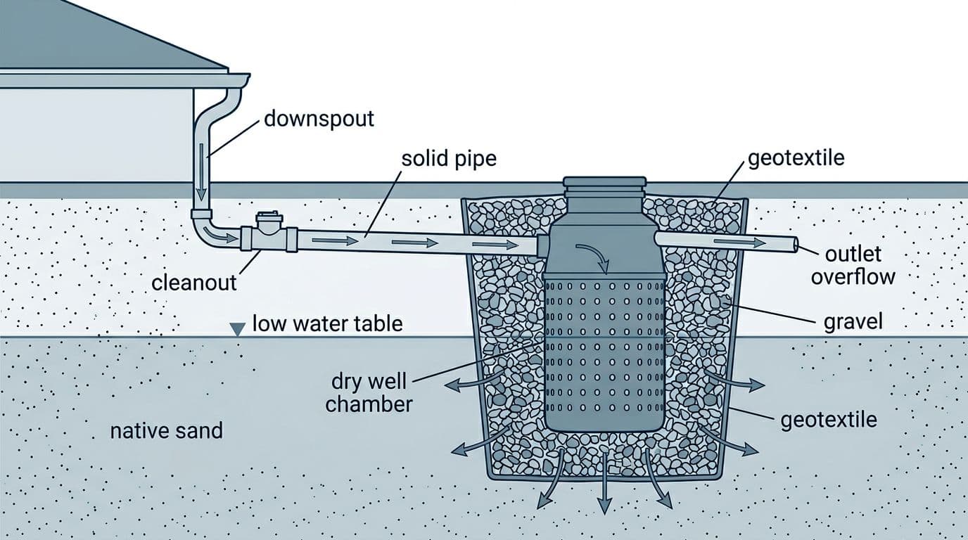 Technical vector illustration of a residential dry well drainage system cross-section in Cape Coral, Florida, showing roof downspout connected to solid PVC pipe, perforated chamber in gravel pack wrapped in geotextile fabric within sandy soil below the water table, with clear labels for all components.