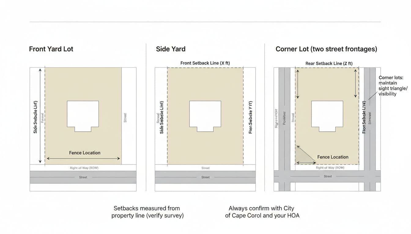 Minimalist vector infographic diagram explaining residential fence setbacks in Cape Coral, Florida, for front yard, side yard, and corner lots with labeled property lines, setbacks, and right-of-way.