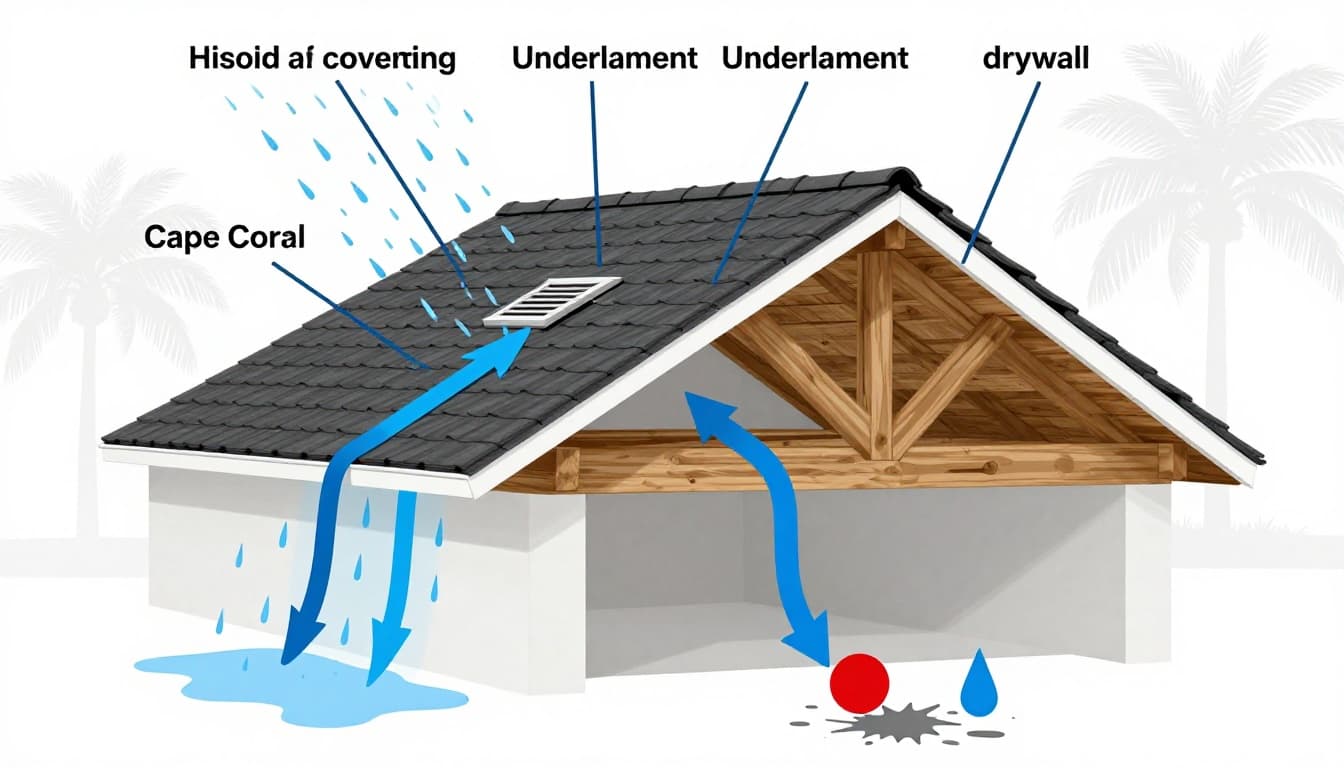 Cross-section illustration of a typical Cape Coral Florida home roof and attic showing rainwater leak path from wind-driven storm entering at flashing defect near vent, flowing along decking and rafter to distant interior drip.