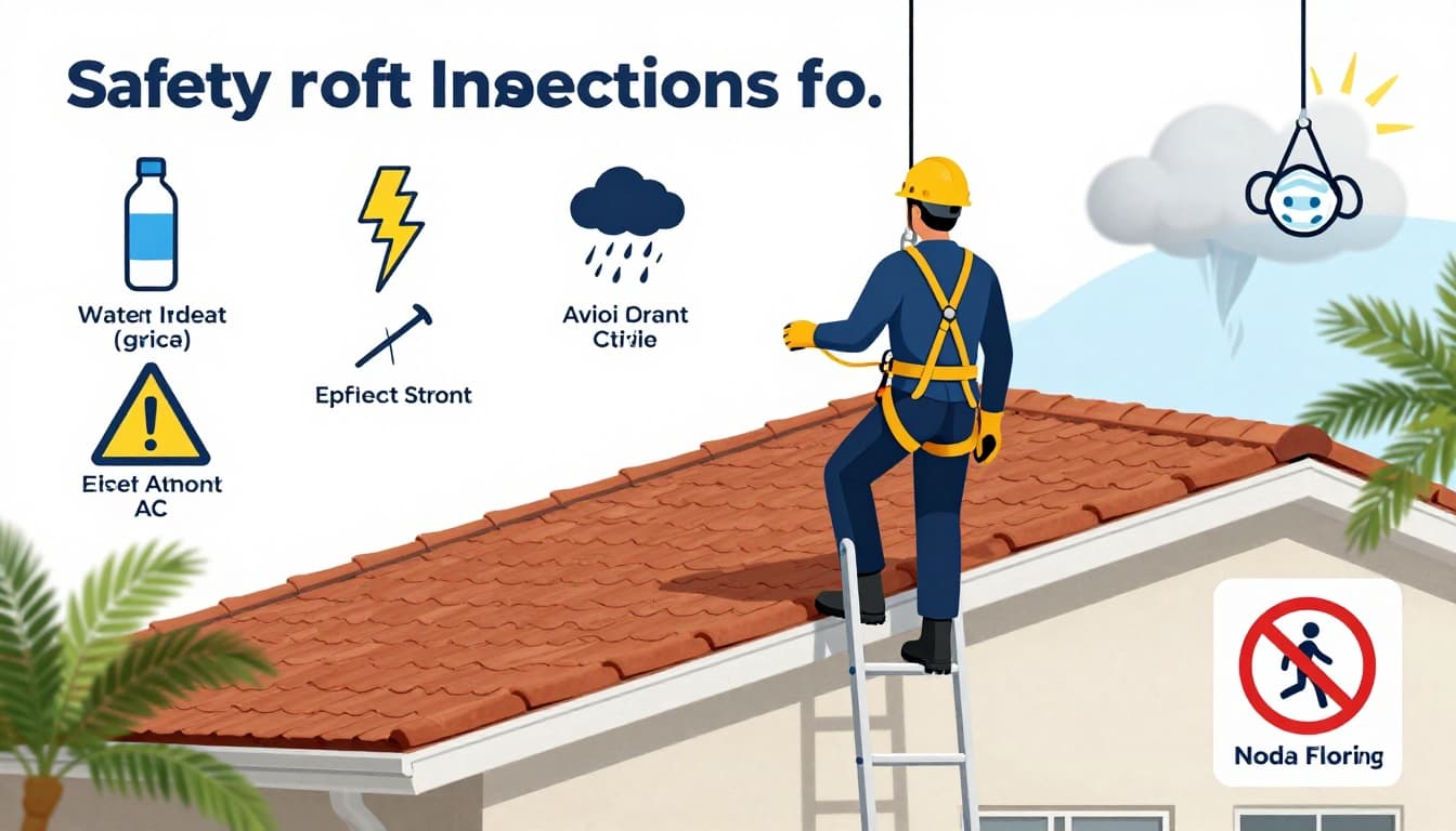 Instructional infographic highlighting safety gear and precautions for roof inspections in hot Cape Coral, Florida, featuring a worker on a ladder with icons for hydration, storm avoidance, and hazards.