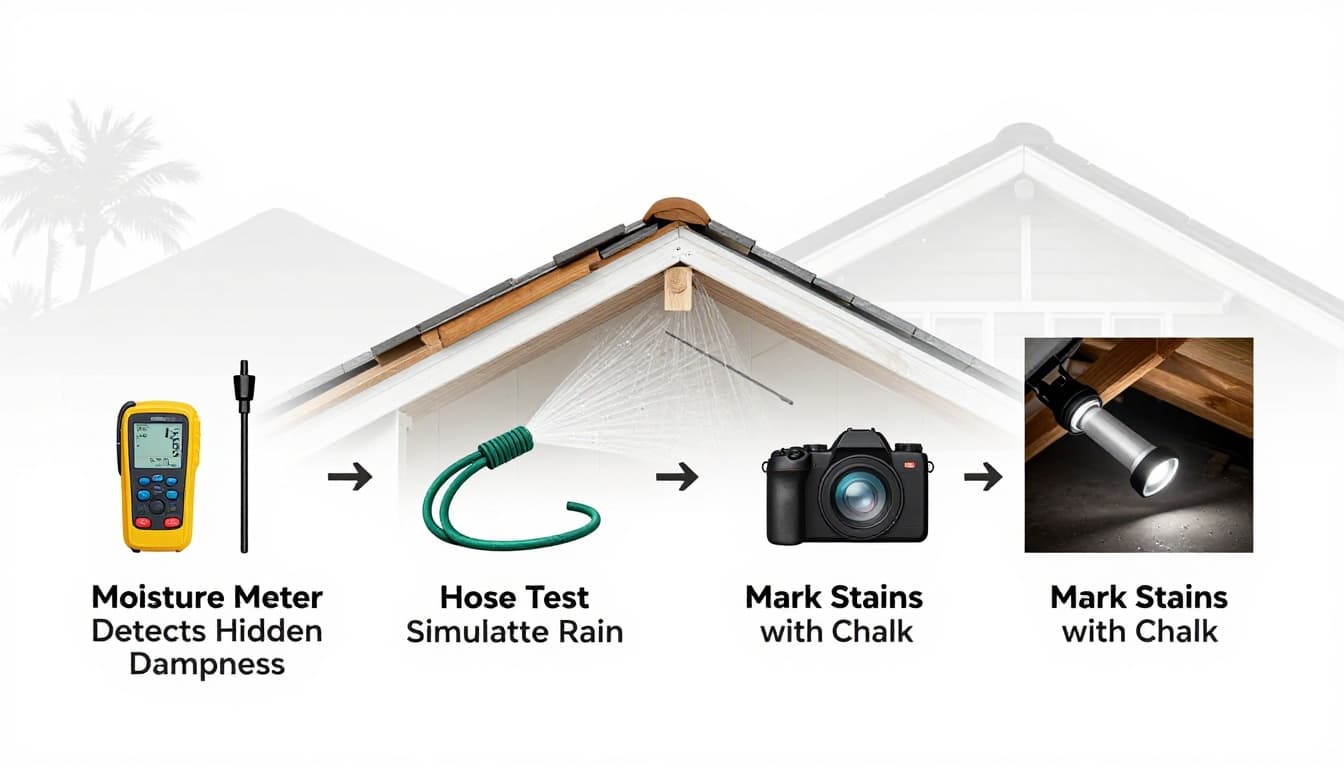 Clean instructional infographic illustrating key tools for detecting roof leaks in Cape Coral homes, including moisture meter, garden hose test, marking stains, smartphone photos, and flashlight inspection, arranged in a horizontal sequence with labels.