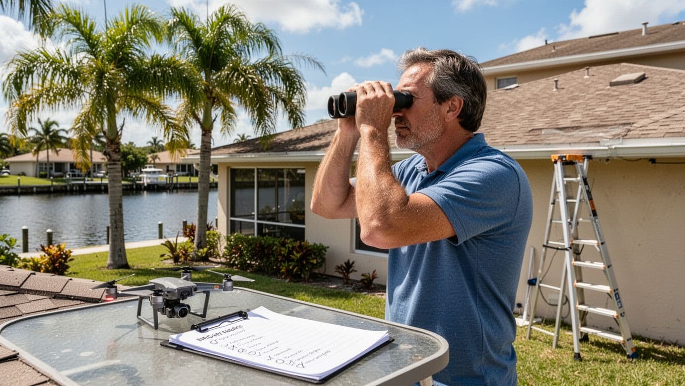 Homeowner using binoculars from the yard to safely inspect a residential roof in Cape Coral FL, with palm trees, canal background, drone on table, notepad checklist, and ladder nearby on a sunny day.