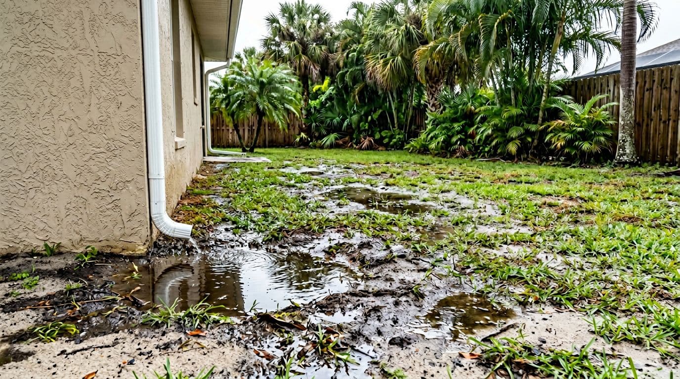 Realistic high-resolution photo of a typical Cape Coral Florida side yard after heavy rain, showing soggy low spot near downspout with standing water and puddles on sandy soil with St. Augustine grass, palm trees in background.