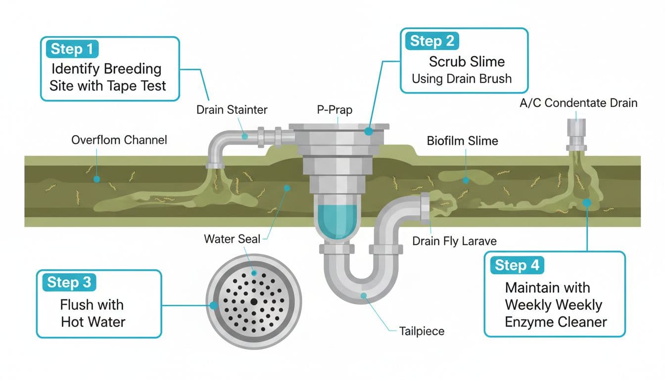 Educational infographic showing a cross-section of a Cape Coral bathroom sink drain system, including P-trap with biofilm slime and drain fly larvae, overflow, and A/C condensate tie-in, plus cleaning steps.