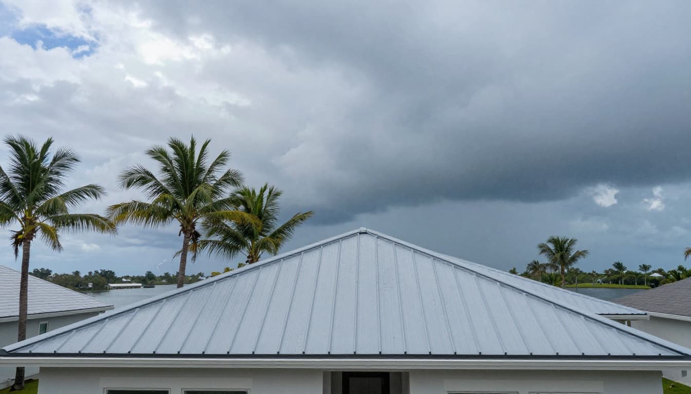 Photorealistic depiction of a modern Cape Coral, Florida home with a standing seam metal roof enduring high winds and rain from a tropical storm, showing no leaks and palm trees bending in the background. Coastal vibe with a nearby canal and subtle Florida outline on the horizon.