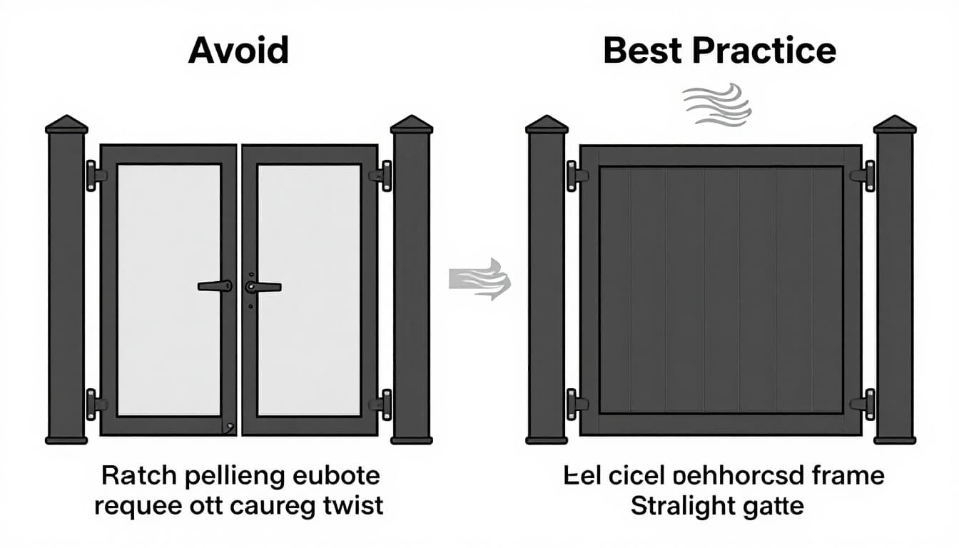 Clean vector line art side-by-side diagram illustrating common mistakes to avoid in vinyl fence gate installation (undersized post, poor hinges, sagging) versus best practices (proper post, hinges, reinforcement) for Cape Coral contractors.