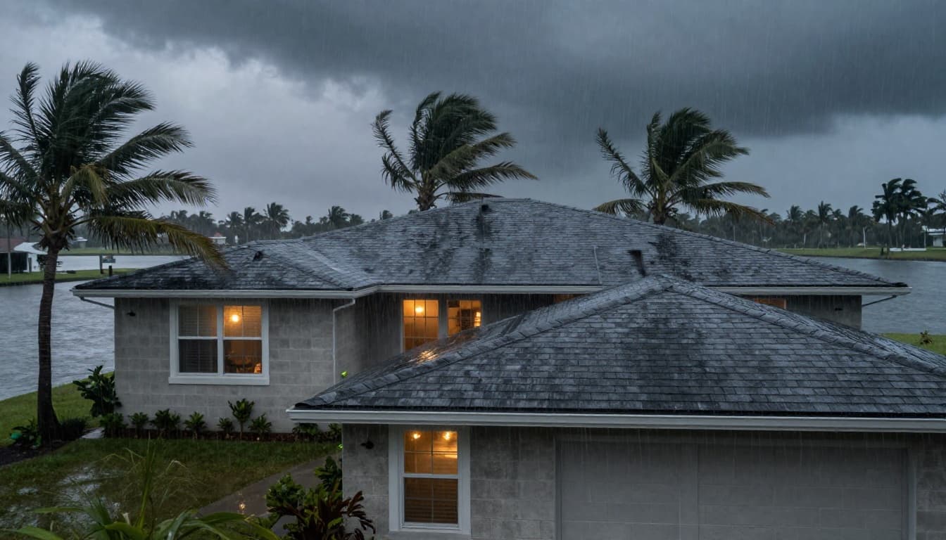 Photorealistic image of a typical Cape Coral, Florida single-story waterfront home enduring strong hurricane winds and heavy rain, with its hip shingle roof securely attached via metal straps, palm trees bending dramatically, canal in background, and warm interior lights glowing through windows under a stormy gray dusk sky.