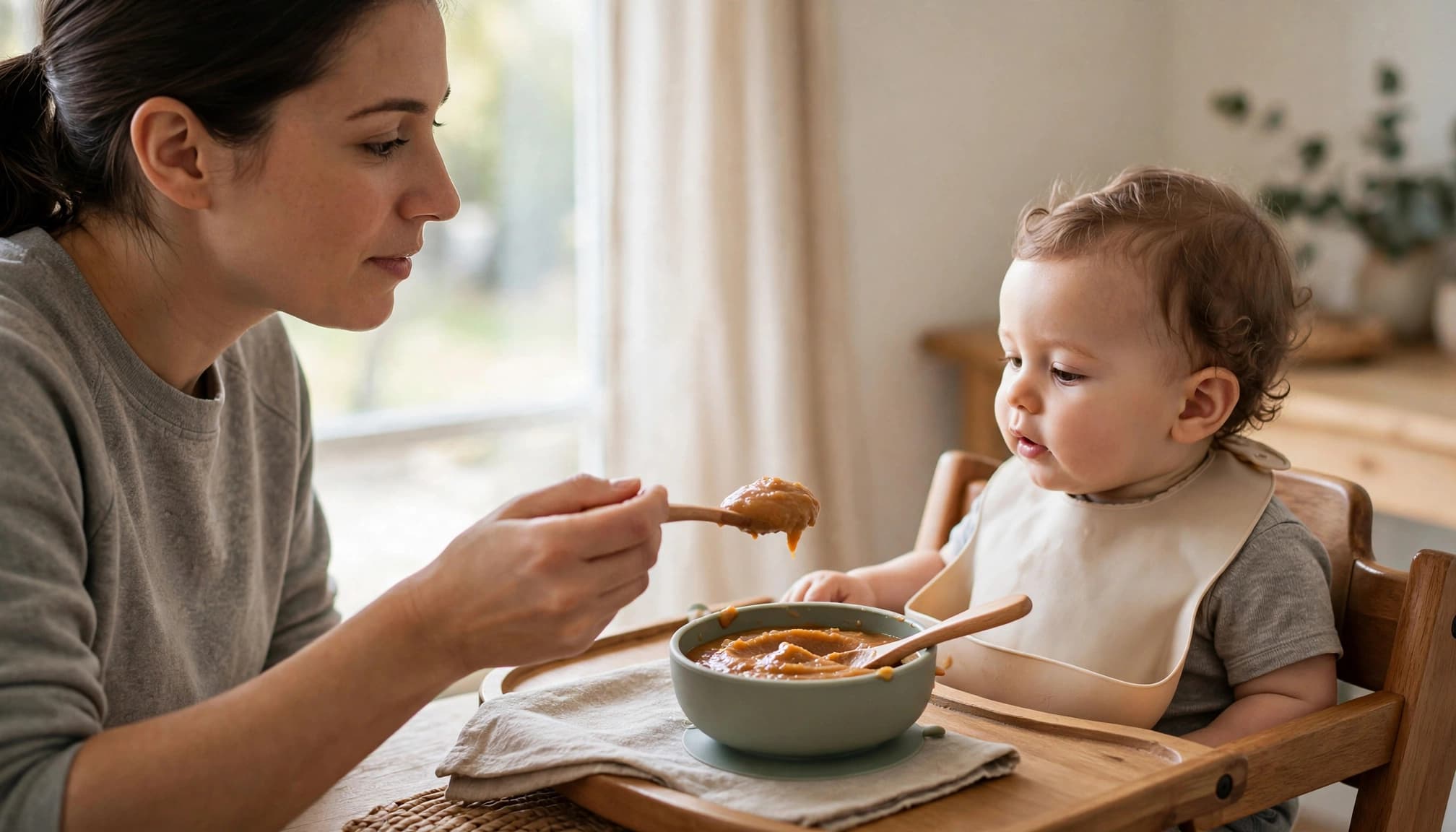 A caregiver feeds a seated baby thick puree beside a bowl in a sunny dining area.