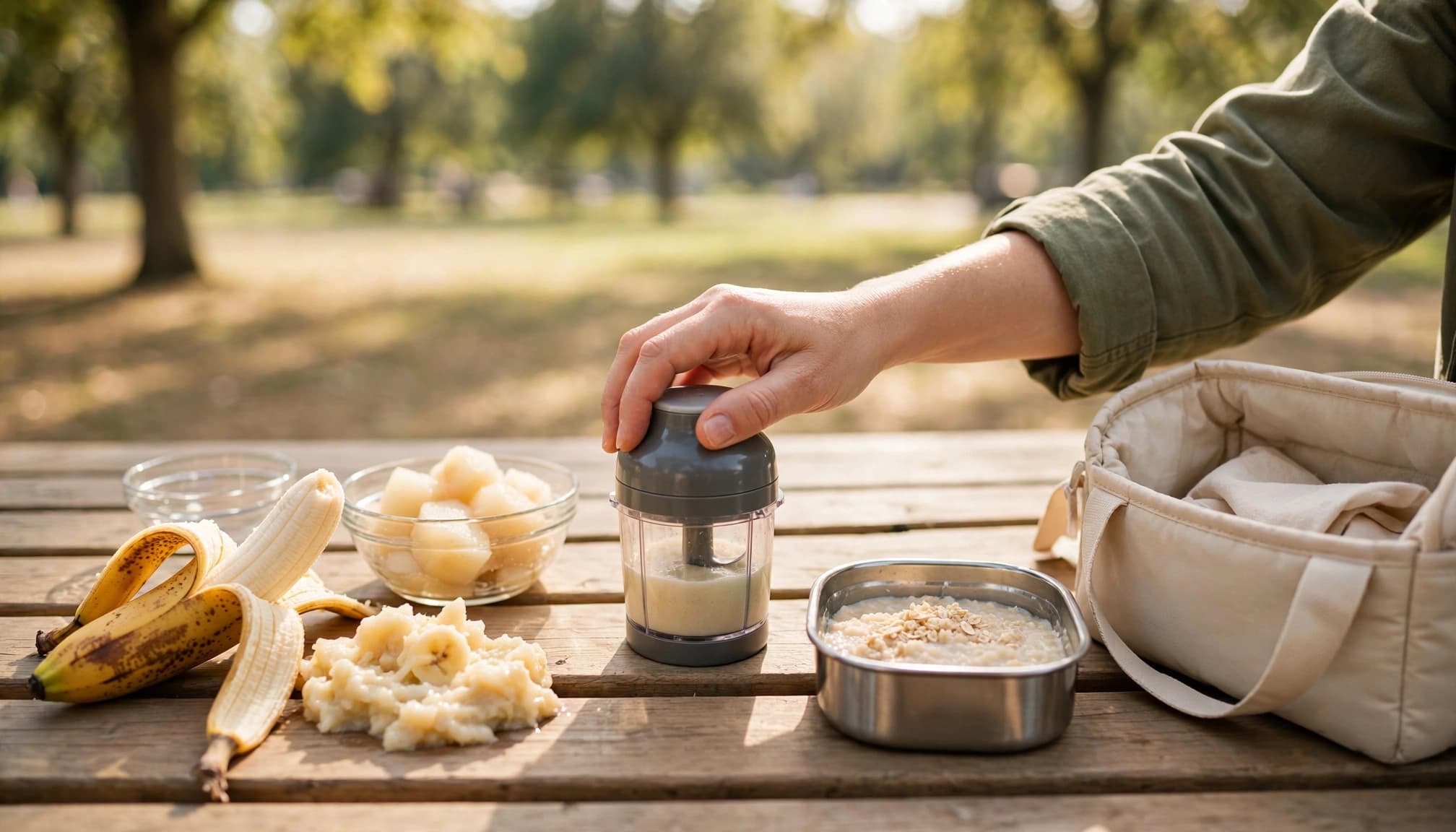 Caregiver blending soft baby food beside fruit and oats at a sunny park table.