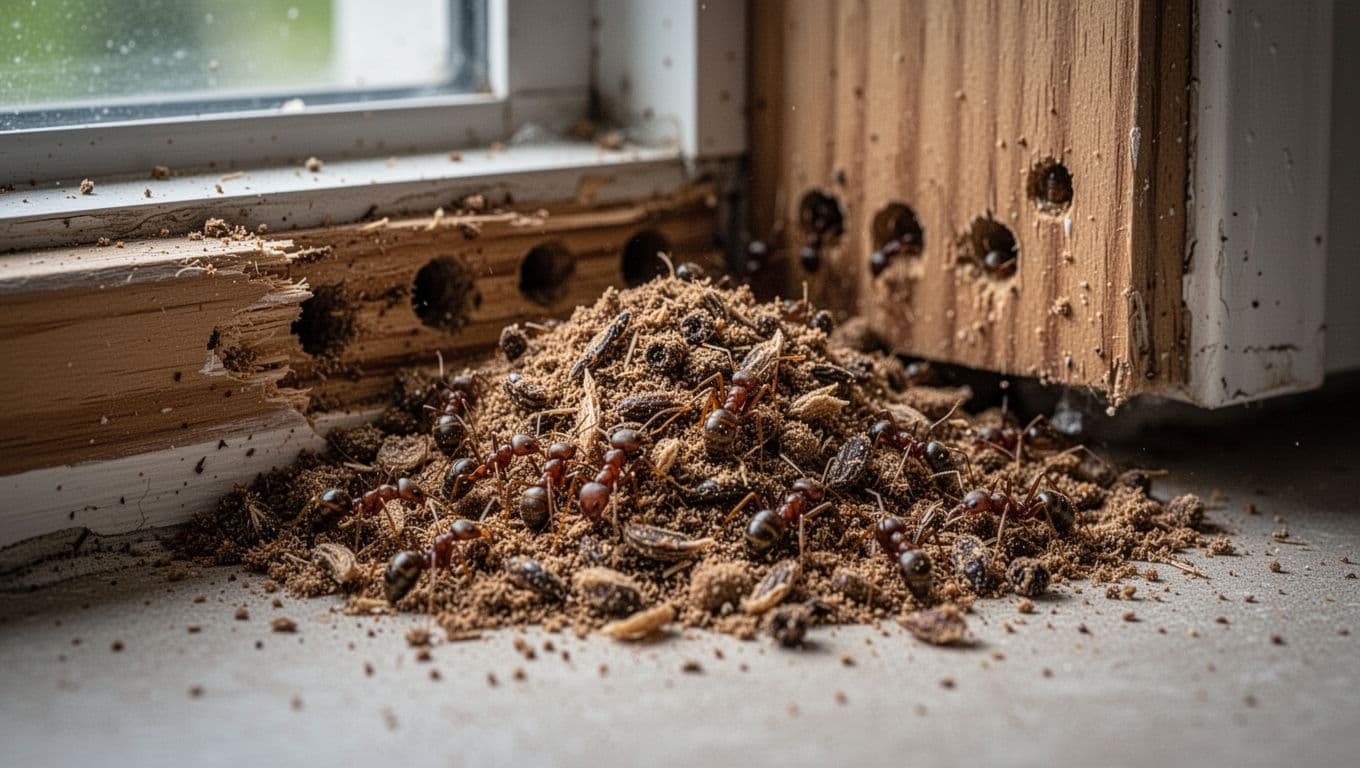 Close-up of carpenter ant frass, sawdust-like material with insect fragments, piled beneath a wooden windowsill in a Florida home, with subtle exit holes visible on the wood.