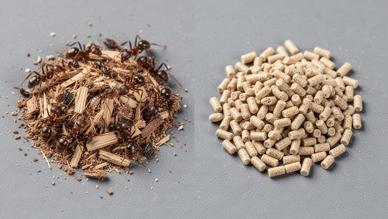High-resolution macro image comparing carpenter ant frass (fibrous sawdust with ant fragments) on the left and drywood termite pellets (uniform oval shapes) on the right, on a neutral gray background.