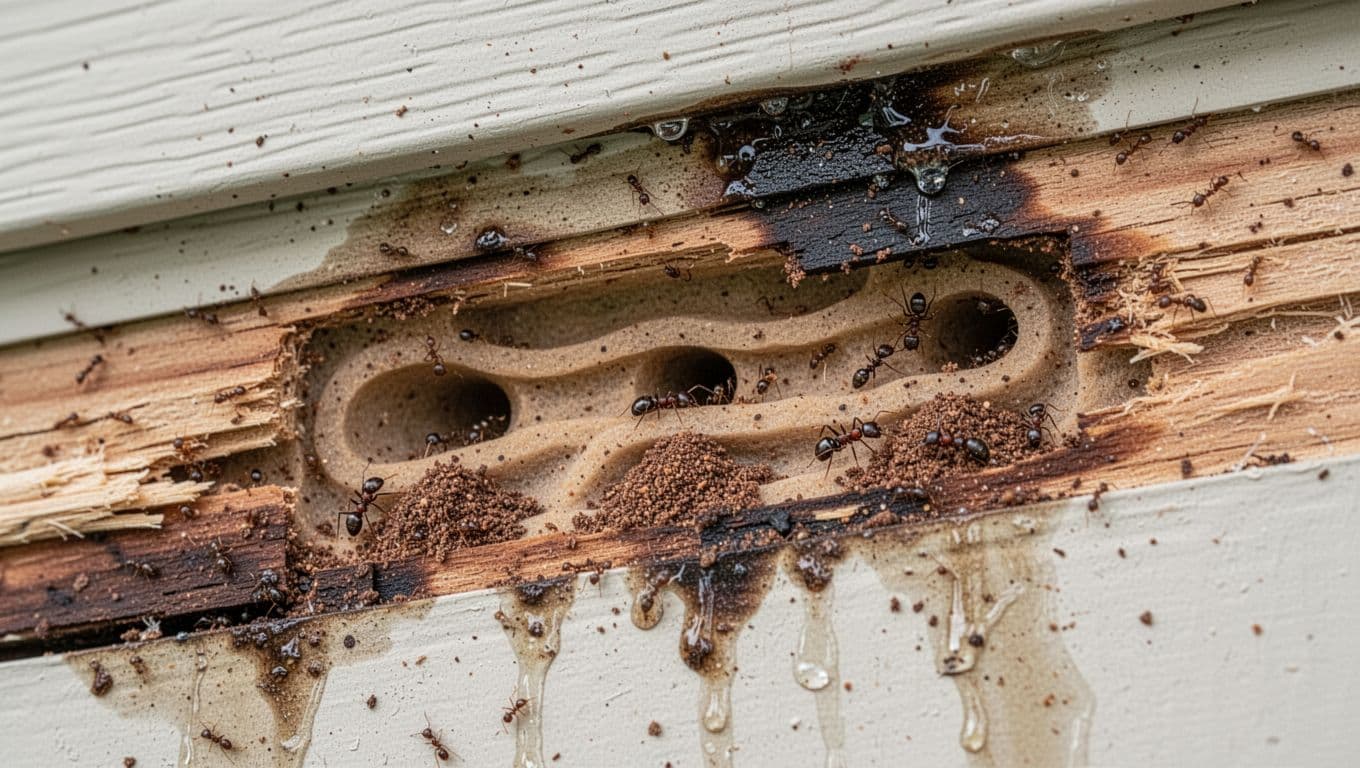 Realistic macro view of subtle carpenter ant galleries and tunnels inside damp, softened wood behind exterior trim in a humid Florida home, featuring small frass piles and a nearby moisture stain.