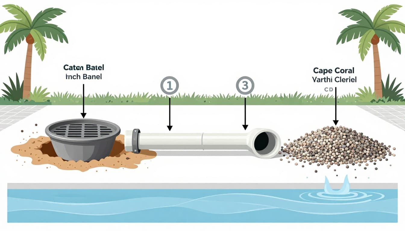 Modern illustrative diagram showing numbered steps 1-4 for installing a catch basin in a Cape Coral yard: digging in sandy soil, placing grated basin, connecting PVC pipe with cleanout, and backfilling with gravel, with high water table and Florida palms.