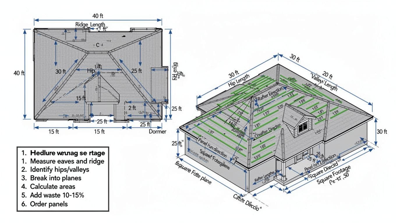 High-resolution vector diagram illustrating a residential hip roof in plan view and isometric 3D, featuring labeled measurements for eaves, ridge, hips, valley, and panel calculations with a step-by-step legend.