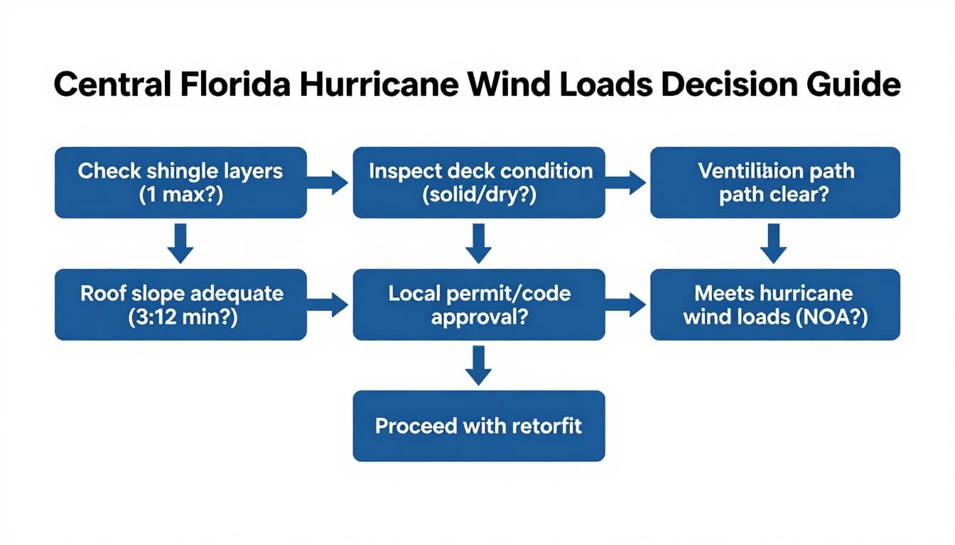A clean, contractor-friendly technical illustration as a simple yes/no decision flowchart in vector infographic style for homeowners deciding on metal roof retrofit over shingles in Central Florida, checking shingle layers, deck condition, roof slope, ventilation, permits, and hurricane wind loads.