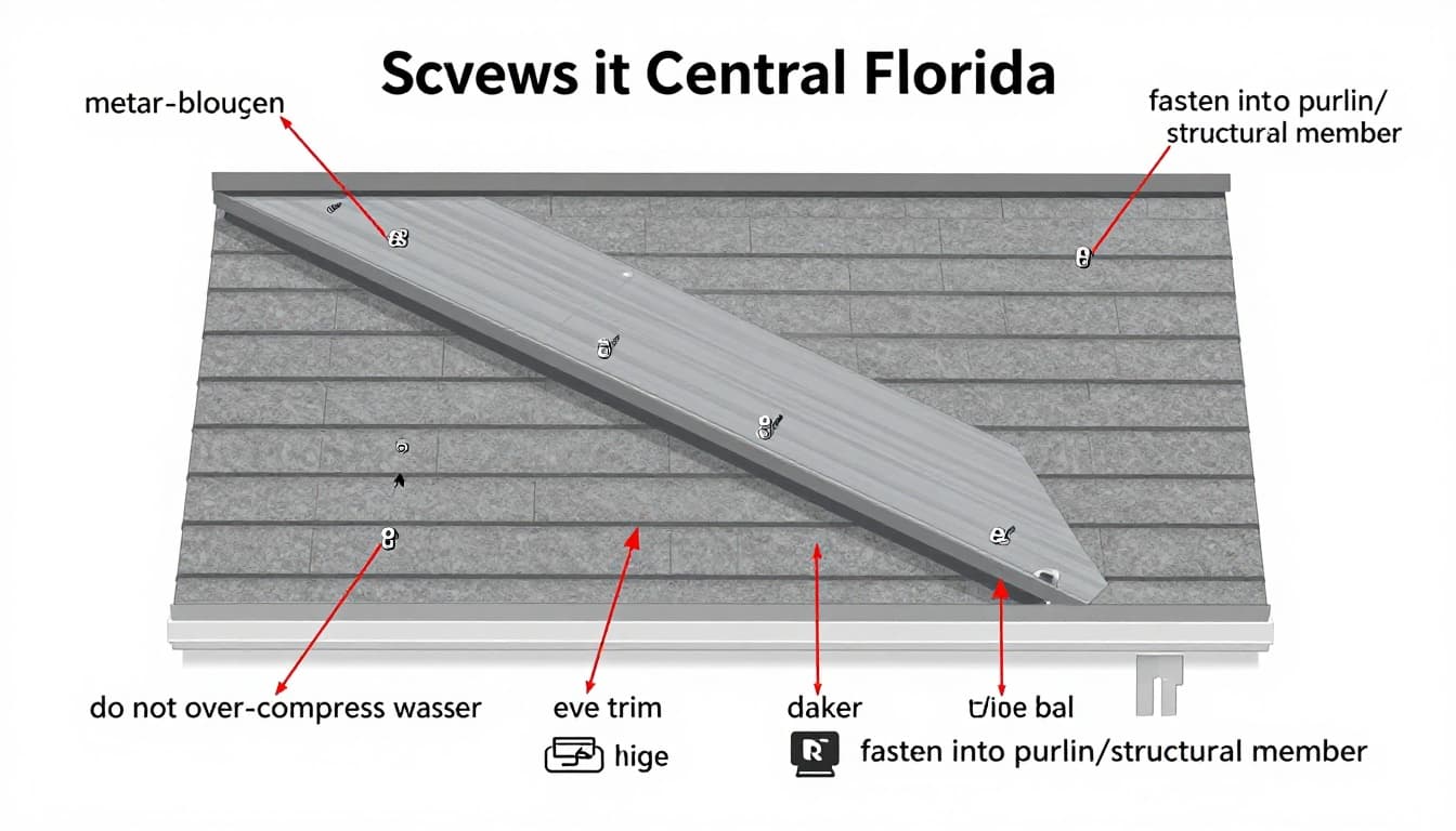 High-resolution technical vector illustration depicting precise screw placement for metal roof panels in Central Florida, including through-fastened locations, sidelap stitching, ridge cap, eave trim, rake trim, and pipe boot flashing, with labeled callouts, arrows, and installation notes.