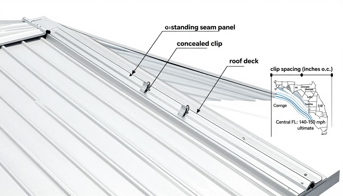 Isometric cutaway diagram of a standing seam metal roof showing one panel section, concealed clips with #10 screw fasteners, synthetic underlayment, and plywood deck, with labeled callouts and clip spacing dimension. Includes inset map of Central Florida counties with 140-150 mph wind speed contours.