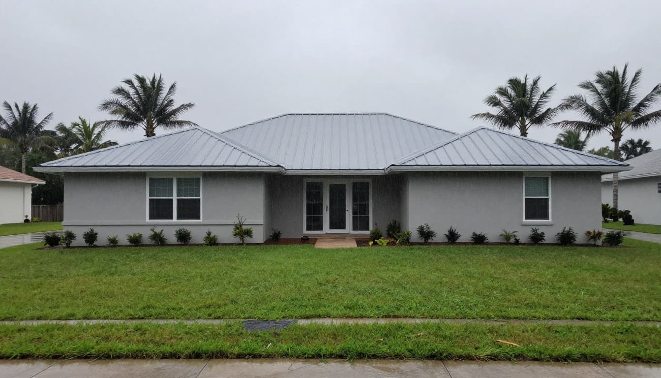 A photorealistic image of a modern home in Central Florida showcasing a low-slope standing seam metal roof during a heavy rainstorm, with water shedding cleanly off the panels, palm trees in the background, wet driveway, lush green lawn, and overcast sky.