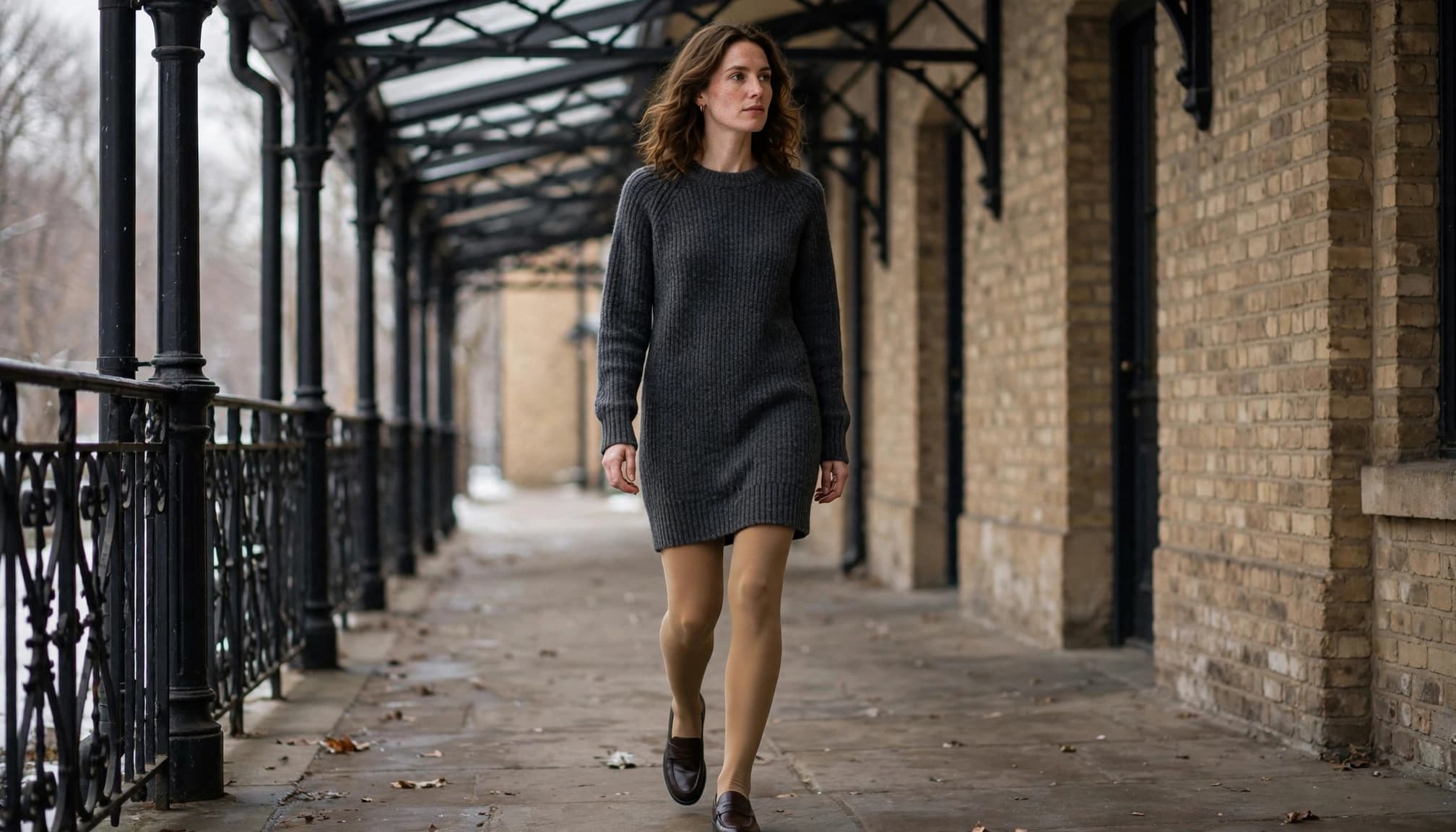A woman in tan tights and a charcoal dress walks beneath a covered walkway.